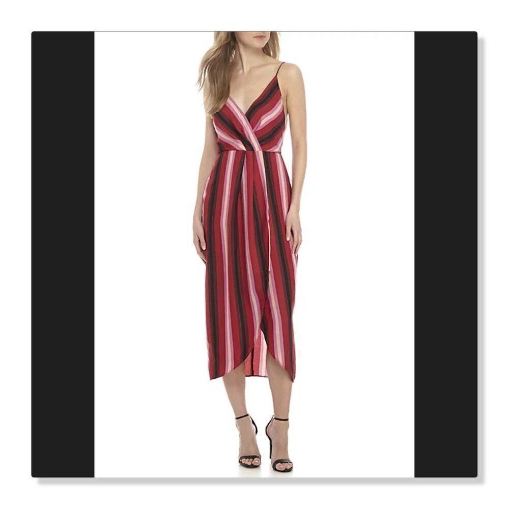 WAYF "Stevie" Tulip Hem Striped Midi Dress - size Medium in Berry.